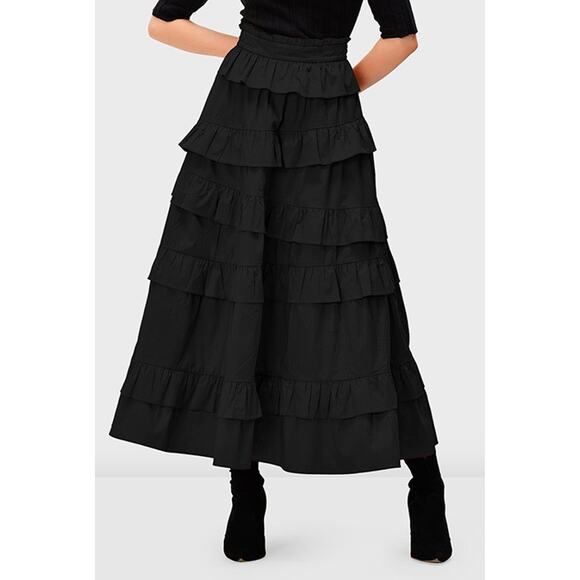 Wayward Fancies Asymmetric Ruffle Tier Cotton Poplin Skirt Black Size M - Picture 2 of 12